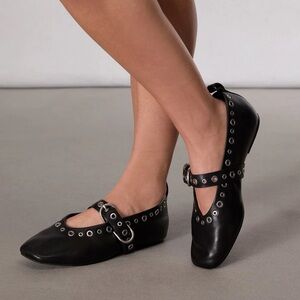 rag & bone Black Leather Mary Jane Flats with Eyelet Strap